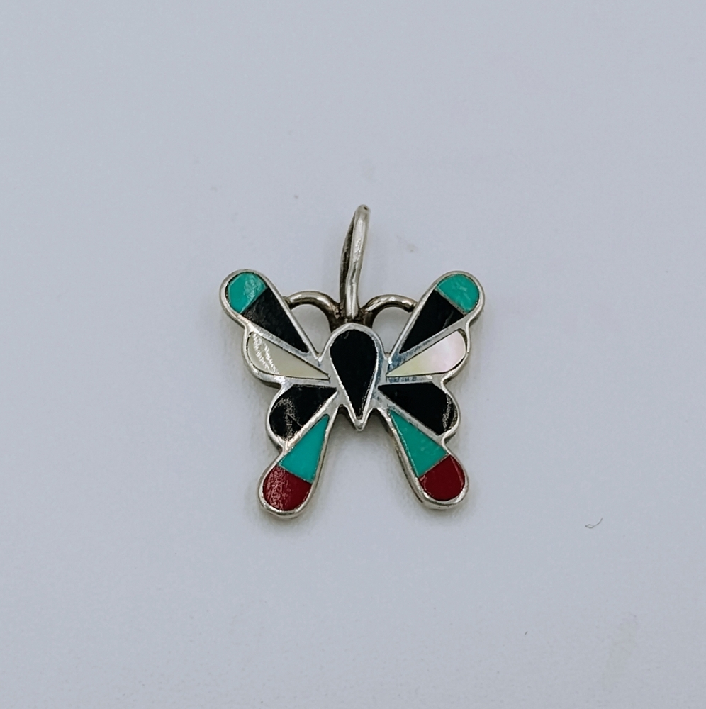 Vintage Zuni Small Butterfly Pendant Turquoise Multistone Inlay Native American